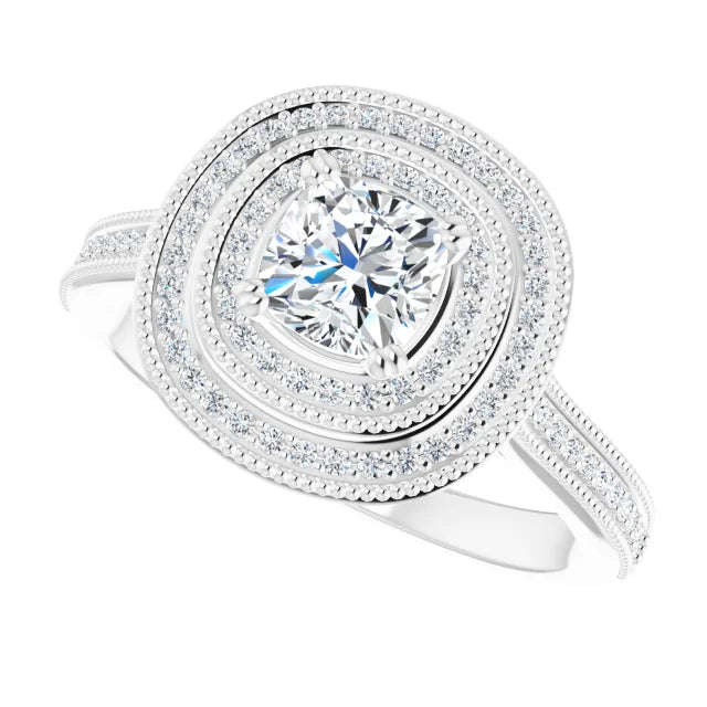 14K White Gold 7/8 CTW Cushion Diamond Double Halo Engagement Ring with Split Shank