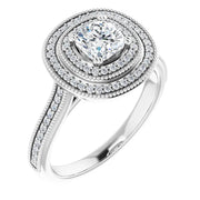 14K White Gold 7/8 CTW Cushion Diamond Double Halo Engagement Ring with Split Shank