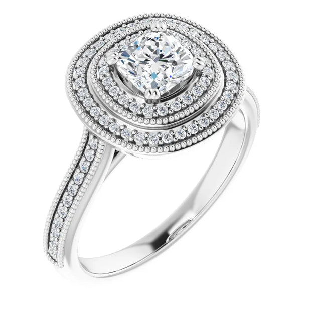 14K White Gold 7/8 CTW Cushion Diamond Double Halo Engagement Ring with Split Shank