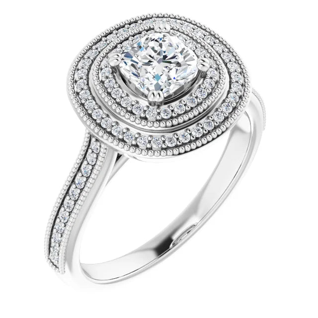 14K White Gold 7/8 CTW Cushion Diamond Double Halo Engagement Ring with Split Shank