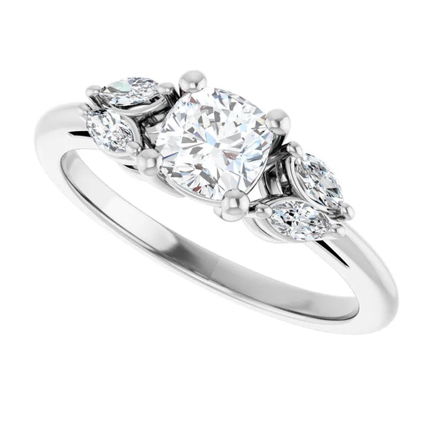 14K White Gold 7/8 CTW Cushion Diamond Engagement Ring with Marquise and Round Side Stones