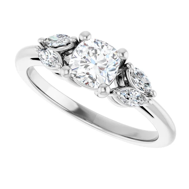 14K White Gold 7/8 CTW Cushion Diamond Engagement Ring with Marquise and Round Side Stones