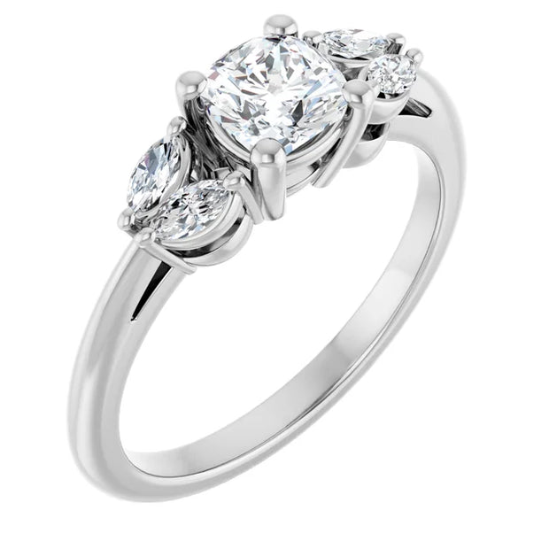 14K White Gold 7/8 CTW Cushion Diamond Engagement Ring with Marquise and Round Side Stones