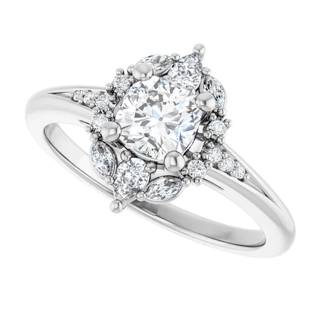 14K White Gold 7/8 CTW Cushion Diamond Floral Halo Engagement Ring