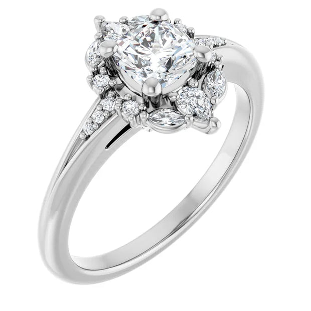 14K White Gold 7/8 CTW Cushion Diamond Floral Halo Engagement Ring