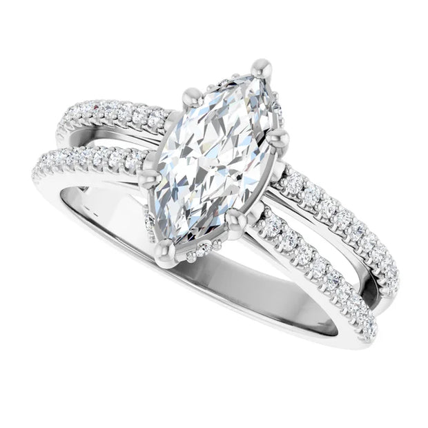 14K White Gold 7/8 CTW Marquise Diamond Ring with Double Pavé Split Shank