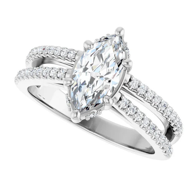 14K White Gold 7/8 CTW Marquise Diamond Ring with Double Pavé Split Shank