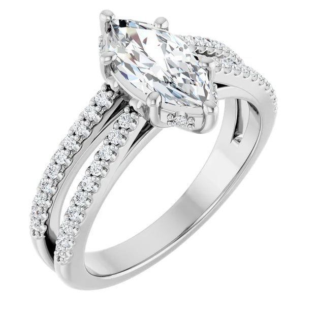 14K White Gold 7/8 CTW Marquise Diamond Ring with Double Pavé Split Shank