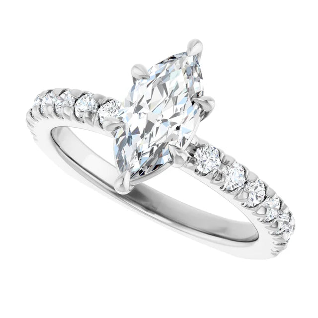 14K White Gold 9/10 CTW Marquise Diamond Engagement Ring with Pavé Band