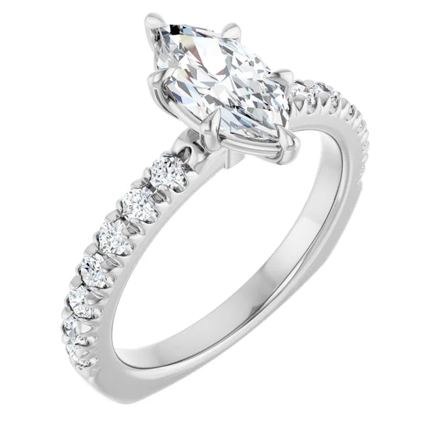 14K White Gold 9/10 CTW Marquise Diamond Engagement Ring with Pavé Band