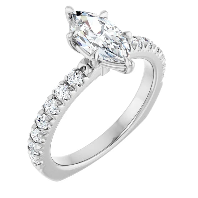 14K White Gold 9/10 CTW Marquise Diamond Engagement Ring with Pavé Band
