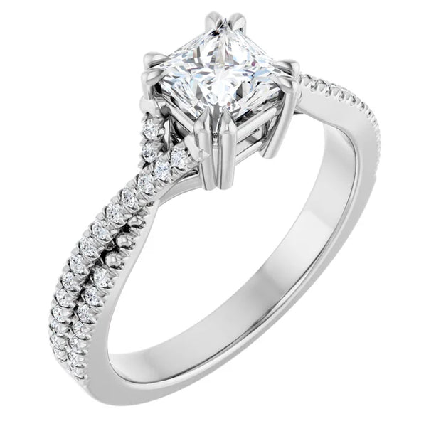 14K White Gold 9/10 CTW Princess Diamond Engagement Ring with Twisted Pavé Shank