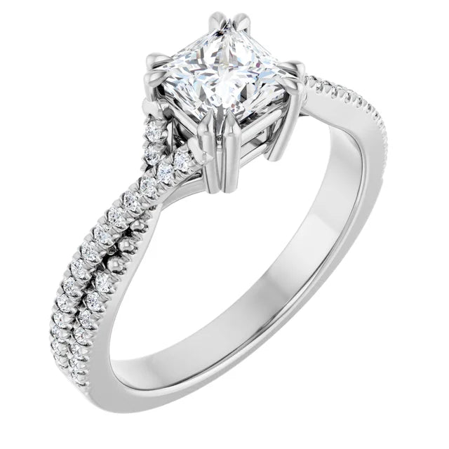 14K White Gold 9/10 CTW Princess Diamond Engagement Ring with Twisted Pavé Shank