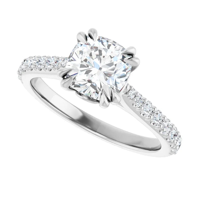 14K White Gold 9/10 CTW Round Diamond Engagement Ring with Pavé Band