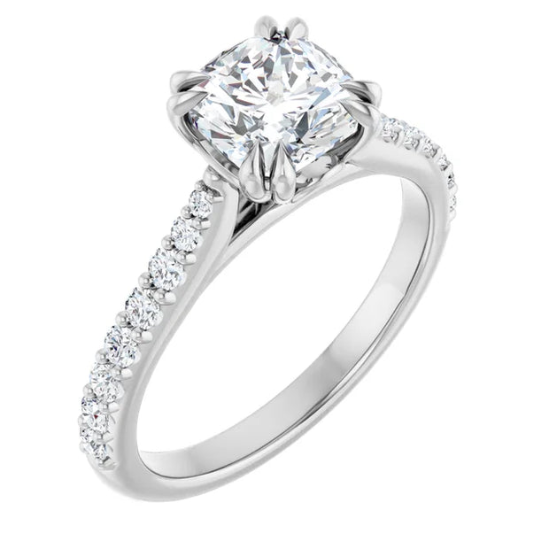 14K White Gold 9/10 CTW Round Diamond Engagement Ring with Pavé Band
