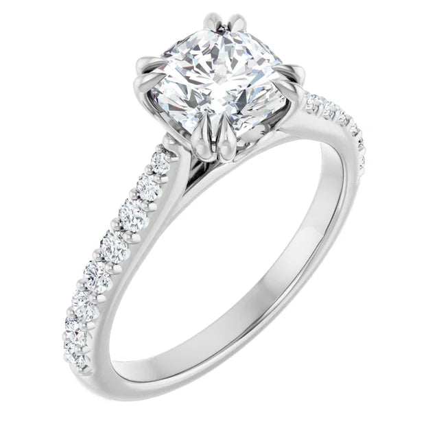 14K White Gold 9/10 CTW Round Diamond Engagement Ring with Pavé Band