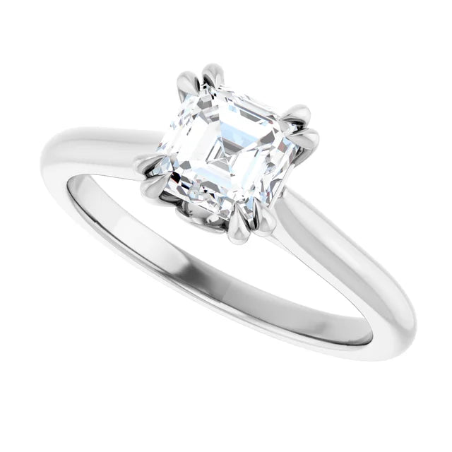 14K White Gold Asscher-Cut Solitaire Engagement Ring with 1 CT Center and Double Claw 8-Prong Setting