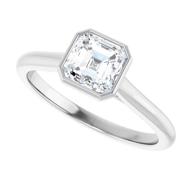14K White Gold Asscher-Cut Bezel-Set Diamond Engagement Ring with 1 CT Center Stone