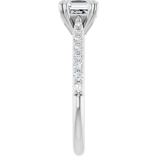 14K White Gold Asscher-Cut Diamond Engagement Ring with 1 CT Center and 1 1/4 CTW Diamond Accents with Double Claw Prongs