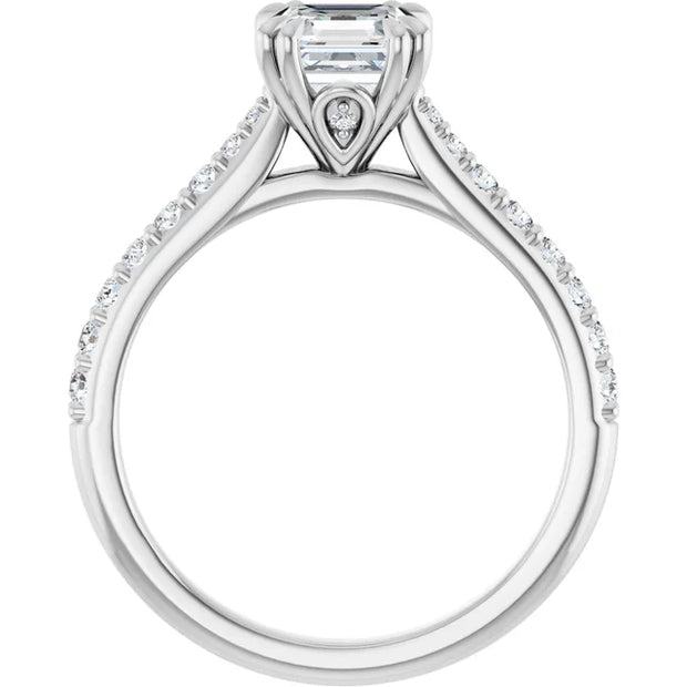 14K White Gold Asscher-Cut Diamond Engagement Ring with 1 CT Center and 1 1/4 CTW Diamond Accents with Double Claw Prongs