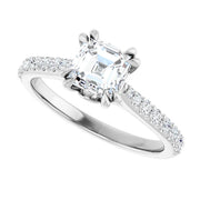 14K White Gold Asscher-Cut Diamond Engagement Ring with 1 CT Center and 1 1/4 CTW Diamond Accents with Double Claw Prongs