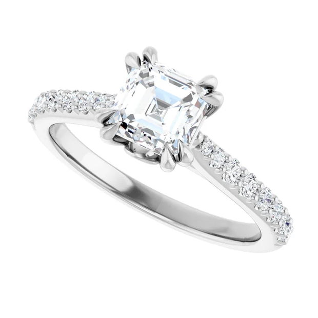 14K White Gold Asscher-Cut Diamond Engagement Ring with 1 CT Center and 1 1/4 CTW Diamond Accents with Double Claw Prongs