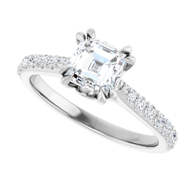 14K White Gold Asscher-Cut Diamond Engagement Ring with 1 CT Center and 1 1/4 CTW Diamond Accents with Double Claw Prongs