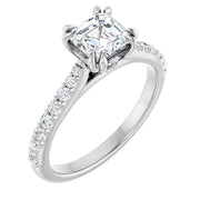14K White Gold Asscher-Cut Diamond Engagement Ring with 1 CT Center and 1 1/4 CTW Diamond Accents with Double Claw Prongs
