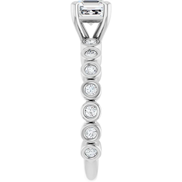 14K White Gold Asscher-Cut Diamond Engagement Ring with Bezel-Set Round Diamond Band 3/4 CT Center Stone