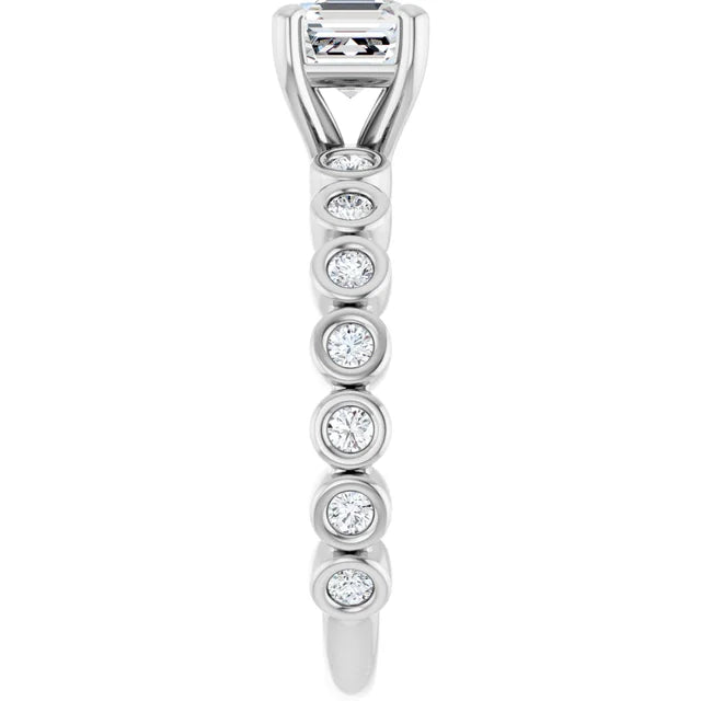 14K White Gold Asscher-Cut Diamond Engagement Ring with Bezel-Set Round Diamond Band 3/4 CT Center Stone