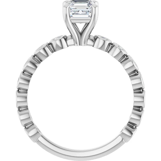 14K White Gold Asscher-Cut Diamond Engagement Ring with Bezel-Set Round Diamond Band 3/4 CT Center Stone