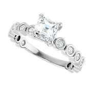 14K White Gold Asscher-Cut Diamond Engagement Ring with Bezel-Set Round Diamond Band 3/4 CT Center Stone