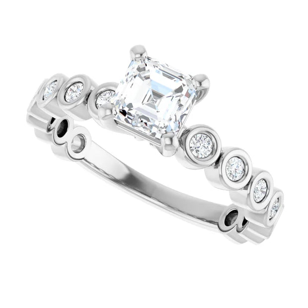 14K White Gold Asscher-Cut Diamond Engagement Ring with Bezel-Set Round Diamond Band 3/4 CT Center Stone