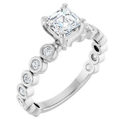 14K White Gold Asscher-Cut Diamond Engagement Ring with Bezel-Set Round Diamond Band 3/4 CT Center Stone