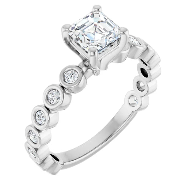 14K White Gold Asscher-Cut Diamond Engagement Ring with Bezel-Set Round Diamond Band 3/4 CT Center Stone