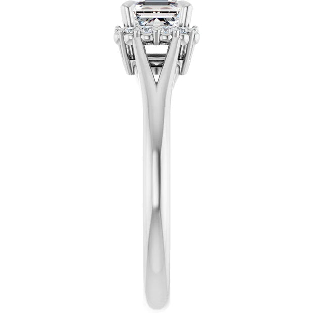 14K White Gold Asscher-Cut Diamond Engagement Ring with Claw Prongs and Diamond Halo Accents 3/4 CT Center Stone