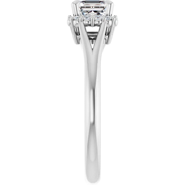 14K White Gold Asscher-Cut Diamond Engagement Ring with Claw Prongs and Diamond Halo Accents 3/4 CT Center Stone