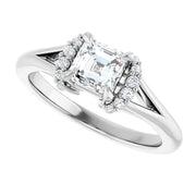 14K White Gold Asscher-Cut Diamond Engagement Ring with Claw Prongs and Diamond Halo Accents 3/4 CT Center Stone