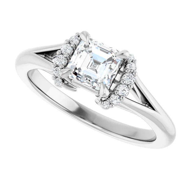 14K White Gold Asscher-Cut Diamond Engagement Ring with Claw Prongs and Diamond Halo Accents 3/4 CT Center Stone