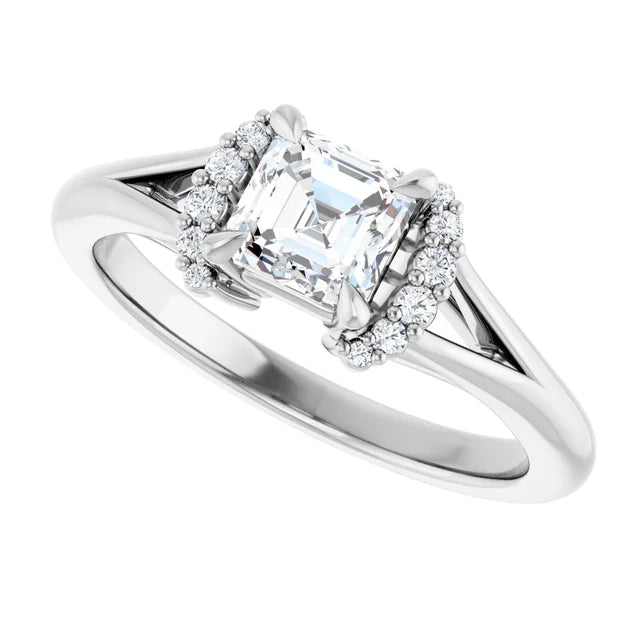 14K White Gold Asscher-Cut Diamond Engagement Ring with Claw Prongs and Diamond Halo Accents 3/4 CT Center Stone