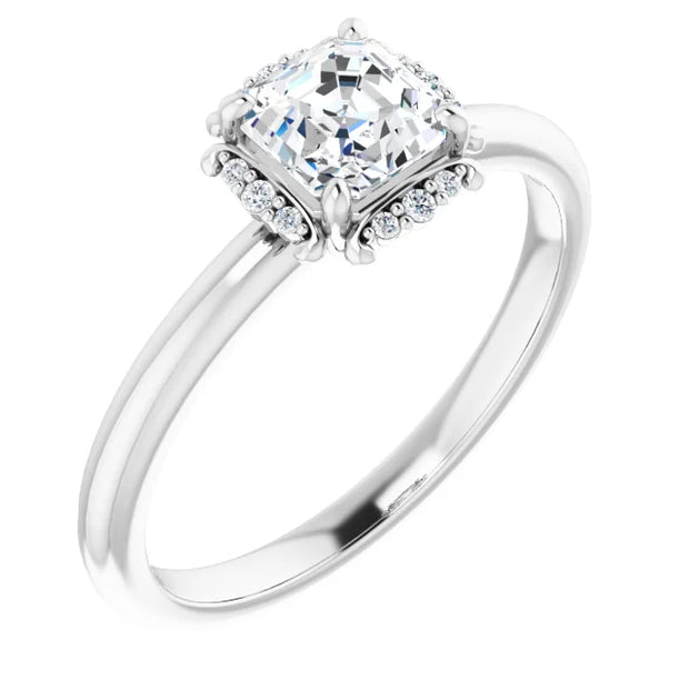 14K White Gold Asscher-Cut Diamond Engagement Ring with Milgrain Halo Accents 3/4 CT Center Stone