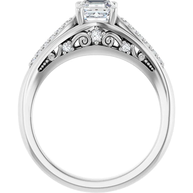 14K White Gold Asscher-Cut Diamond Engagement Ring with Split Shank and Diamond Accents 3/4 CT Center Stone