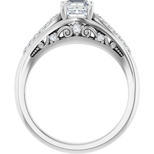 14K White Gold Asscher-Cut Diamond Engagement Ring with Split Shank and Diamond Accents 3/4 CT Center Stone