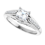 14K White Gold Asscher-Cut Diamond Engagement Ring with Split Shank and Diamond Accents 3/4 CT Center Stone