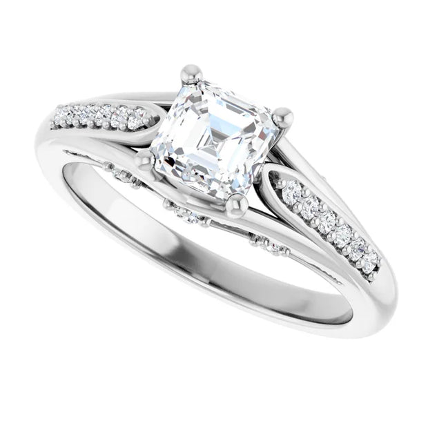 14K White Gold Asscher-Cut Diamond Engagement Ring with Split Shank and Diamond Accents 3/4 CT Center Stone