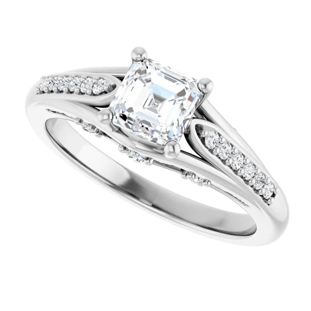 14K White Gold Asscher-Cut Diamond Engagement Ring with Split Shank and Diamond Accents 3/4 CT Center Stone