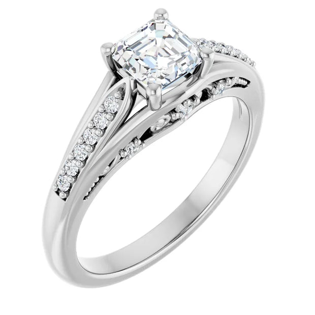 14K White Gold Asscher-Cut Diamond Engagement Ring with Split Shank and Diamond Accents 3/4 CT Center Stone
