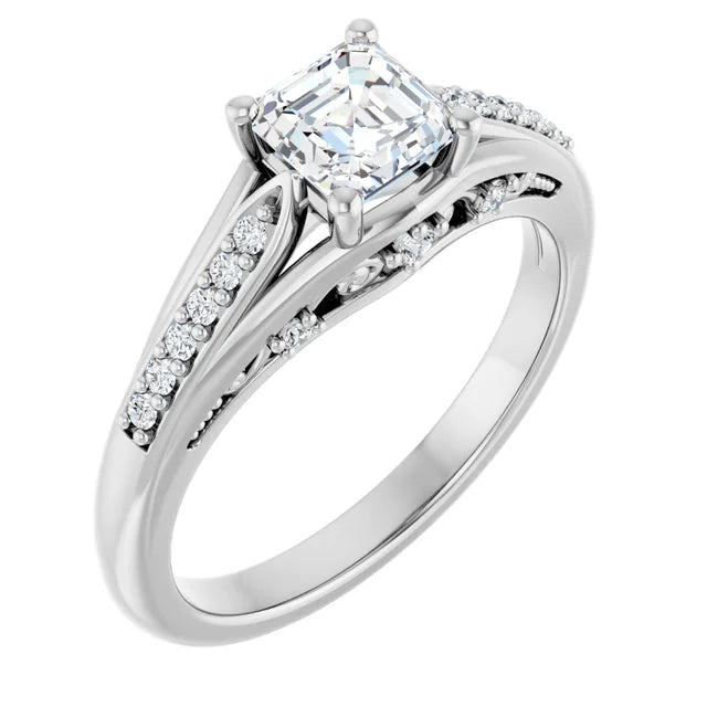 14K White Gold Asscher-Cut Diamond Engagement Ring with Split Shank and Diamond Accents 3/4 CT Center Stone
