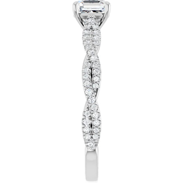 14K White Gold Asscher-Cut Diamond Engagement Ring with Twisted Pavé Band 3/4 CT Center Stone