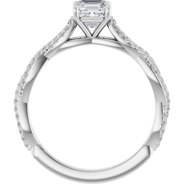 14K White Gold Asscher-Cut Diamond Engagement Ring with Twisted Pavé Band 3/4 CT Center Stone